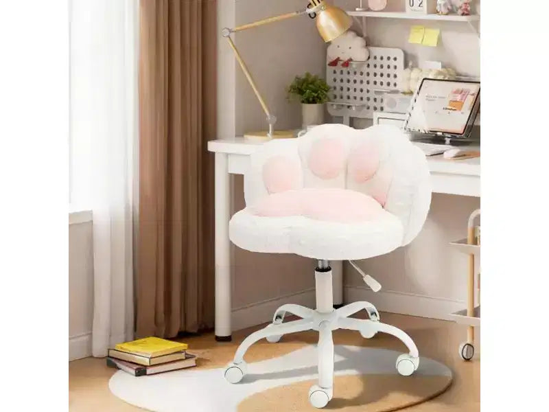 Chaise de bureau pivotante à 360° en forme de patte de chat blanche avec hauteur réglable, coussin moelleux et roulettes – Idéale pour la chambre, la salle de maquillage et le bureau à domicile.