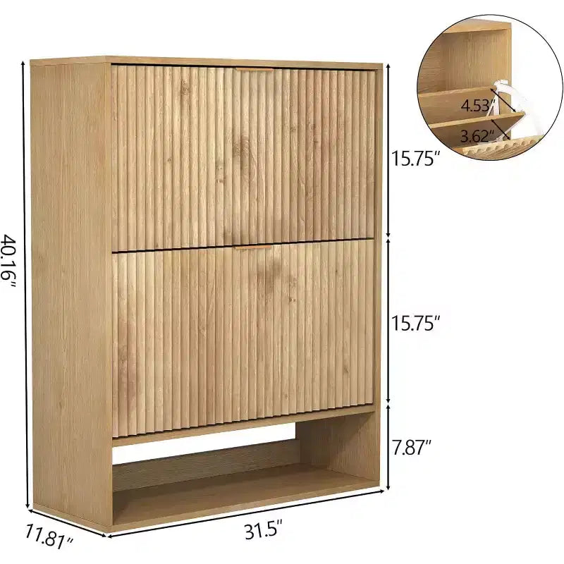 Meuble à chaussures fin et autoportant pour entrée avec 2 tiroirs basculants et étagère inférieure ouverte, organisateur de rangement à chaussures étroit cannelé avec crochets latéraux amovibles