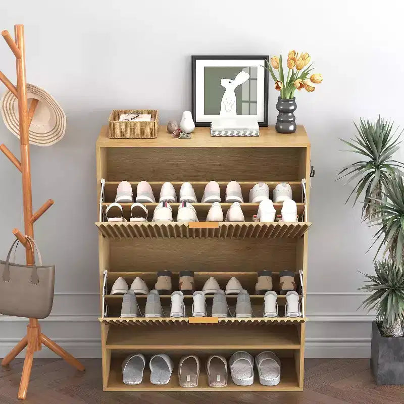 Meuble à chaussures fin et autoportant pour entrée avec 2 tiroirs basculants et étagère inférieure ouverte, organisateur de rangement à chaussures étroit cannelé avec crochets latéraux amovibles