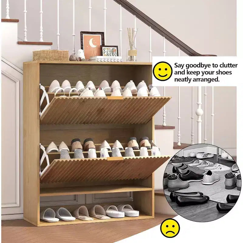 Meuble à chaussures fin et autoportant pour entrée avec 2 tiroirs basculants et étagère inférieure ouverte, organisateur de rangement à chaussures étroit cannelé avec crochets latéraux amovibles