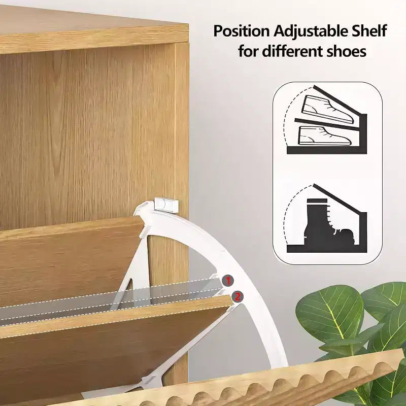 Meuble à chaussures fin et autoportant pour entrée avec 2 tiroirs basculants et étagère inférieure ouverte, organisateur de rangement à chaussures étroit cannelé avec crochets latéraux amovibles