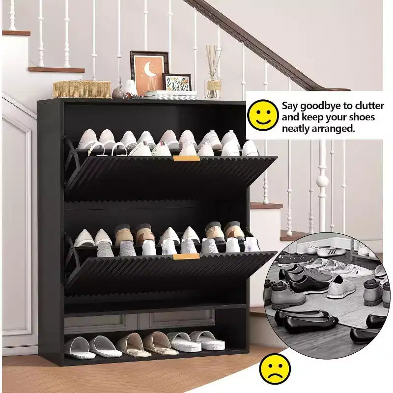 Meuble à chaussures fin et autoportant pour entrée avec 2 tiroirs basculants et étagère inférieure ouverte, organisateur de rangement à chaussures étroit cannelé avec crochets latéraux amovibles