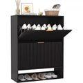 Slim Freestanding Shoe Cabinet for Entryway with 2 Flip Drawers & Open Bottom Shelf, Narrow Fluted Shoe Storage Organizer with Removable Side Hooks