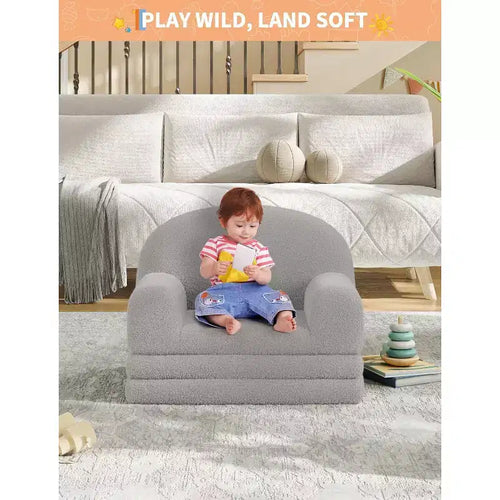 Canapé convertible 2-en-1 pour enfants, fauteuil doux en tissu bouclette transformable en chaise longue ou en lit, canapé moelleux pour salle de jeux et chambre d'enfant
