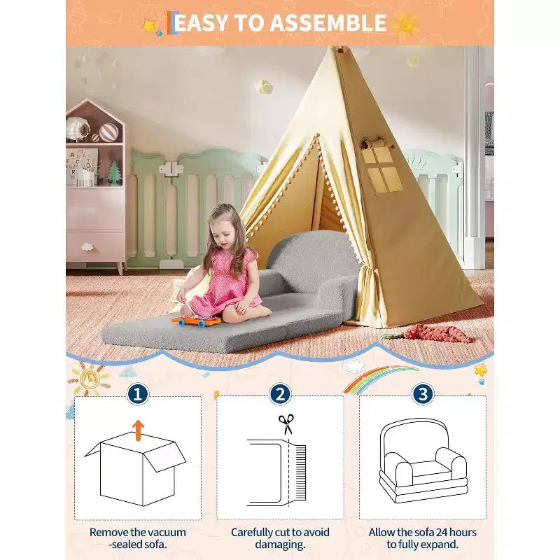 Canapé convertible 2-en-1 pour enfants, fauteuil doux en tissu bouclette transformable en chaise longue ou en lit, canapé moelleux pour salle de jeux et chambre d'enfant