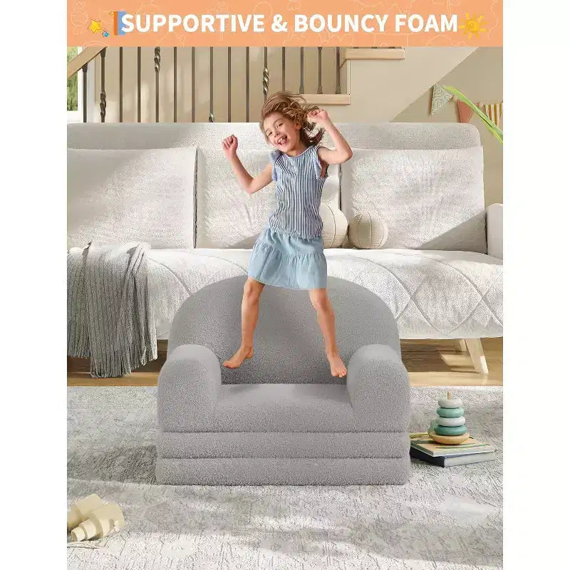 Canapé convertible 2-en-1 pour enfants, fauteuil doux en tissu bouclette transformable en chaise longue ou en lit, canapé moelleux pour salle de jeux et chambre d'enfant