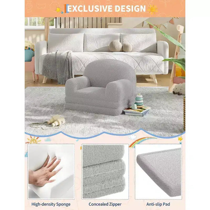 Canapé convertible 2-en-1 pour enfants, fauteuil doux en tissu bouclette transformable en chaise longue ou en lit, canapé moelleux pour salle de jeux et chambre d'enfant