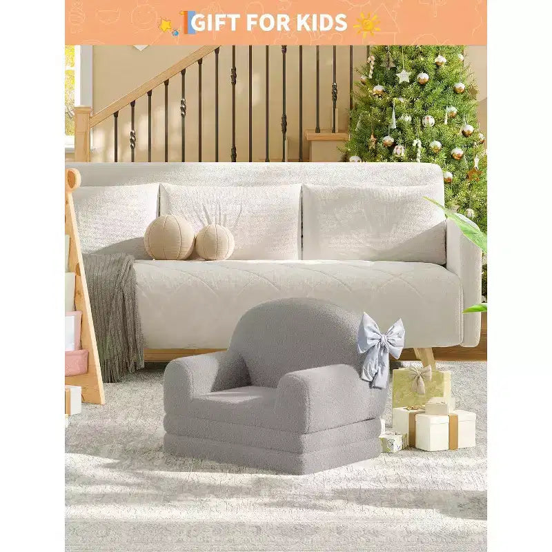 Canapé convertible 2-en-1 pour enfants, fauteuil doux en tissu bouclette transformable en chaise longue ou en lit, canapé moelleux pour salle de jeux et chambre d'enfant