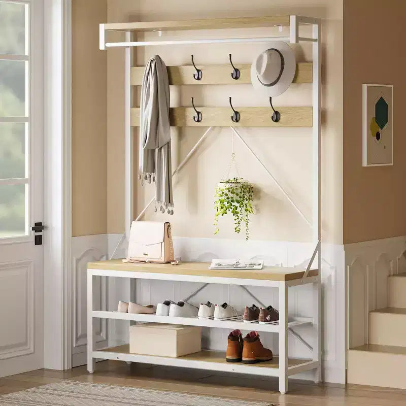 COZONY Coat Rack Shoe Bench, 8 Hooks, Storage Shelf, Wood Look Accent, Entryway Organizer