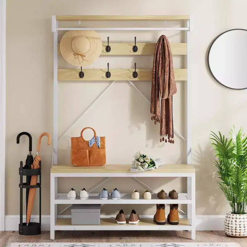 Porte-manteau banc à chaussures, 8 patères, étagère de rangement, aspect bois, organiseur d'entrée