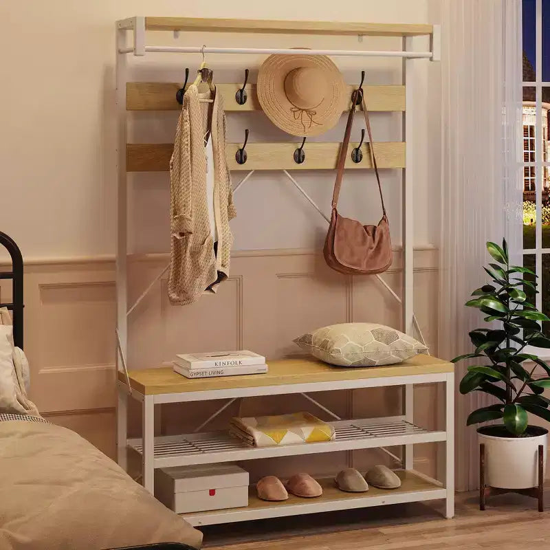 Porte-manteau banc à chaussures, 8 patères, étagère de rangement, aspect bois, organiseur d'entrée