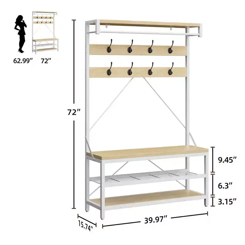 Porte-manteau banc à chaussures, 8 patères, étagère de rangement, aspect bois, organiseur d'entrée