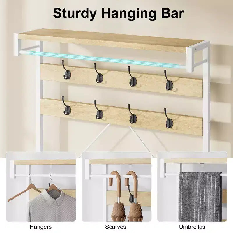 Porte-manteau banc à chaussures, 8 patères, étagère de rangement, aspect bois, organiseur d'entrée