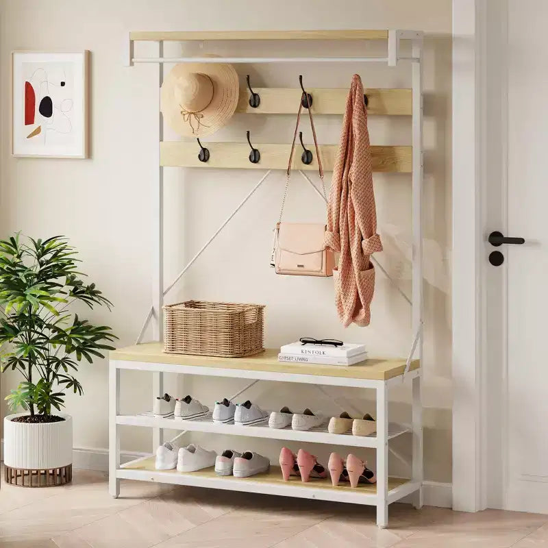 Porte-manteau banc à chaussures, 8 patères, étagère de rangement, aspect bois, organiseur d'entrée