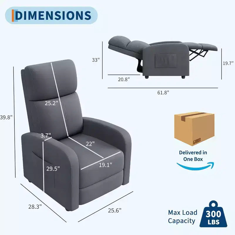 Fauteuil inclinable manuel en tissu de lin, avec poche latérale, dossier haut, coussin épais, inclinable par poussée réglable, chaise longue pour salon, gris