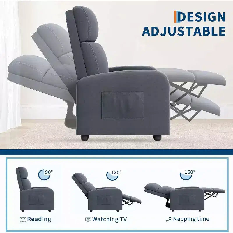 Fauteuil inclinable manuel en tissu de lin, avec poche latérale, dossier haut, coussin épais, inclinable par poussée réglable, chaise longue pour salon, gris