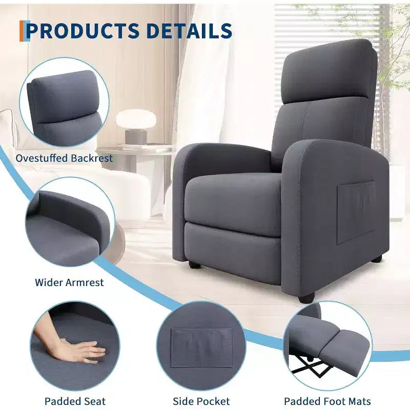 Fauteuil inclinable manuel en tissu de lin, avec poche latérale, dossier haut, coussin épais, inclinable par poussée réglable, chaise longue pour salon, gris