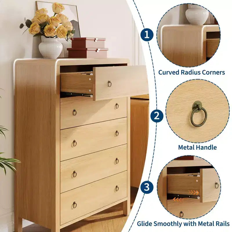 Commode 5 tiroirs, commode de style Mid-Century, meuble de rangement de chambre à coucher avec poignées en métal, grand organisateur de commode pour chambre à coucher