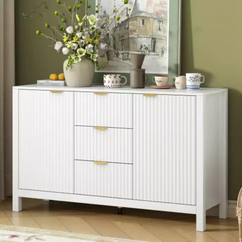 47 Buffet-Bahut Onde Moderne, Meuble de Rangement à 3 Tiroirs avec Texture Cannelée, Portes à Fermeture Douce, Poignées Dorées pour Entrée