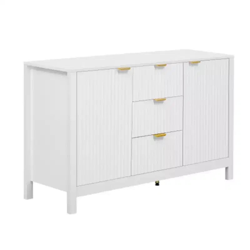 47 Buffet-Bahut Onde Moderne, Meuble de Rangement à 3 Tiroirs avec Texture Cannelée, Portes à Fermeture Douce, Poignées Dorées pour Entrée