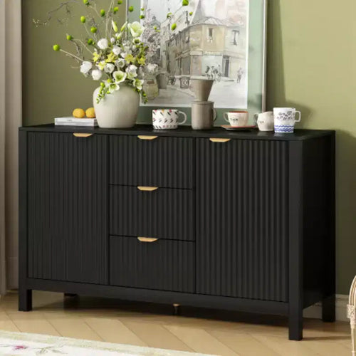 47 Buffet-Bahut Onde Moderne, Meuble de Rangement à 3 Tiroirs avec Texture Cannelée, Portes à Fermeture Douce, Poignées Dorées pour Entrée