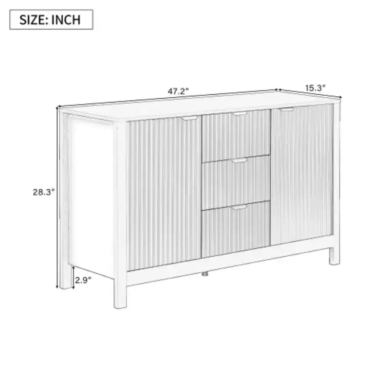 47 Buffet-Bahut Onde Moderne, Meuble de Rangement à 3 Tiroirs avec Texture Cannelée, Portes à Fermeture Douce, Poignées Dorées pour Entrée