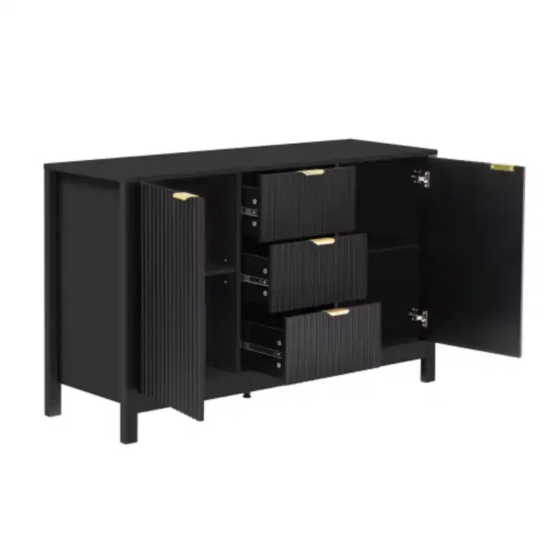 47 Buffet-Bahut Onde Moderne, Meuble de Rangement à 3 Tiroirs avec Texture Cannelée, Portes à Fermeture Douce, Poignées Dorées pour Entrée