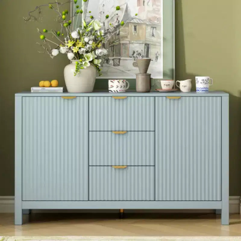 47 Buffet-Bahut Onde Moderne, Meuble de Rangement à 3 Tiroirs avec Texture Cannelée, Portes à Fermeture Douce, Poignées Dorées pour Entrée