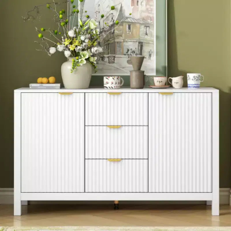 47 Buffet-Bahut Onde Moderne, Meuble de Rangement à 3 Tiroirs avec Texture Cannelée, Portes à Fermeture Douce, Poignées Dorées pour Entrée