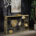 Console en finition dorée, pivoines et ginkgos avec plateau miroir - Or/Miroir