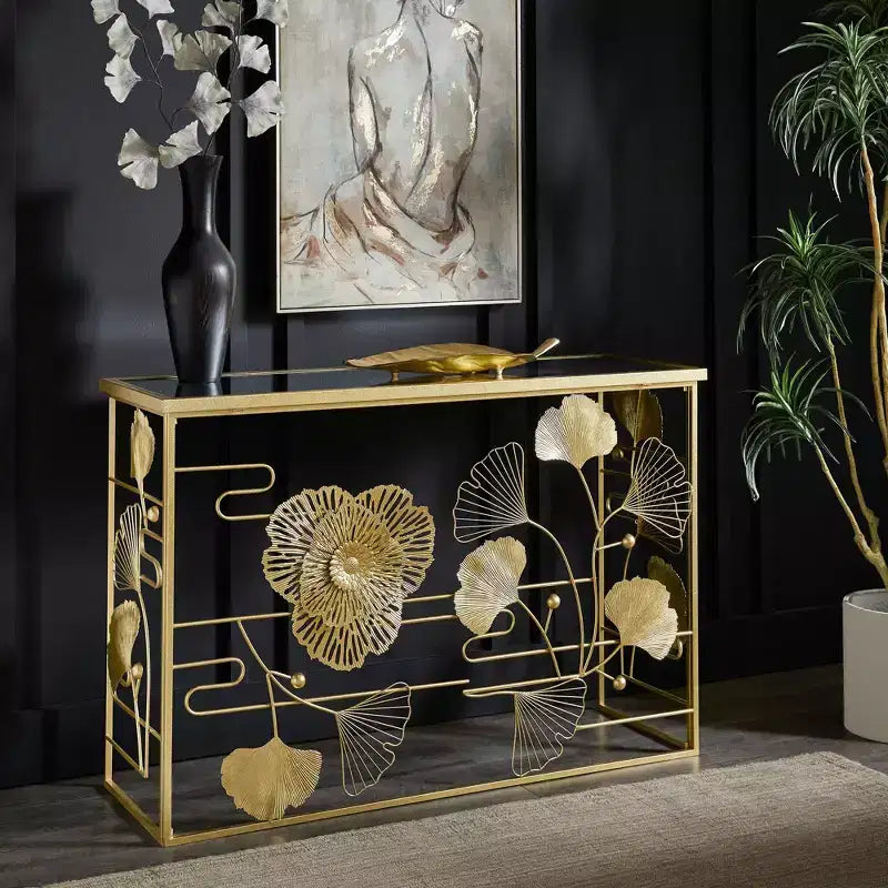 Console en finition dorée, pivoines et ginkgos avec plateau miroir - Or/Miroir