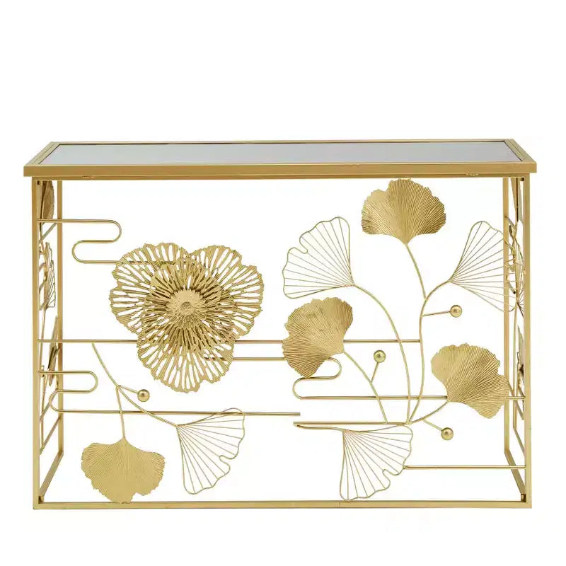 Console en finition dorée, pivoines et ginkgos avec plateau miroir - Or/Miroir