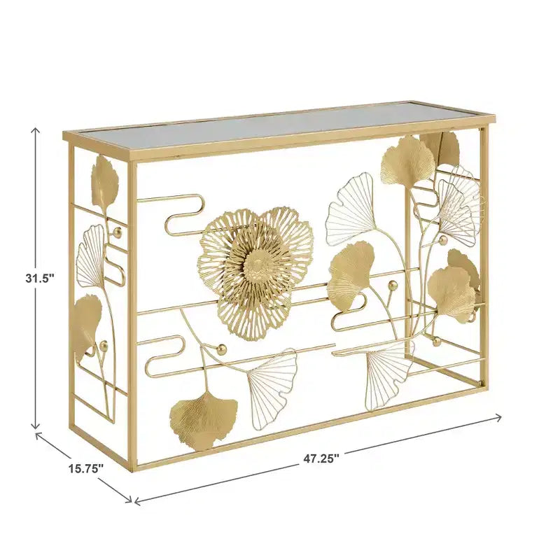 Console en finition dorée, pivoines et ginkgos avec plateau miroir - Or/Miroir