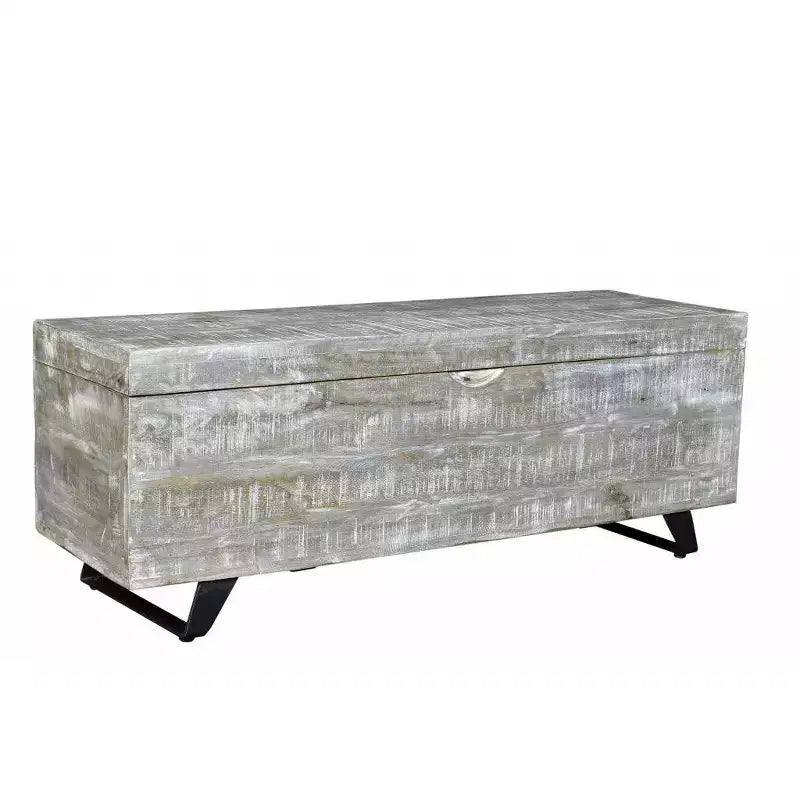 Banc de rangement en bois massif usé gris et noir avec couvercle à charnière