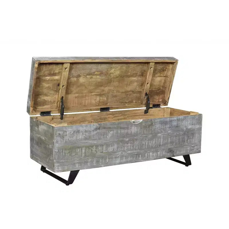 Banc de rangement en bois massif usé gris et noir avec couvercle à charnière
