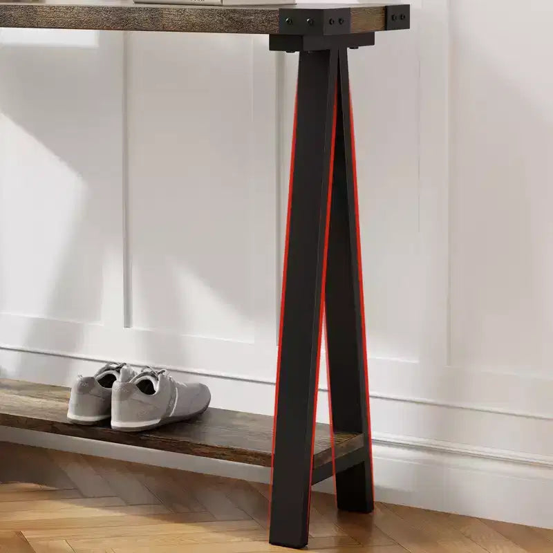 Console d'entrée fine à double niveau avec étagères de rangement, cadre en métal durable et pieds en V, adaptée aux salons, couloirs ou foyers.