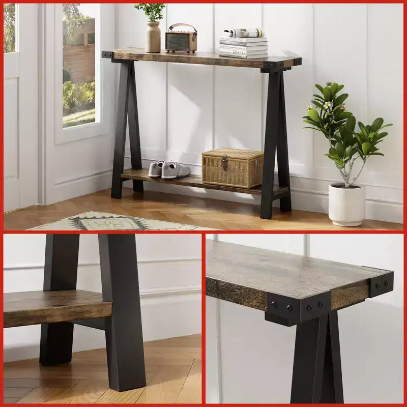 Console d'entrée fine à double niveau avec étagères de rangement, cadre en métal durable et pieds en V, adaptée aux salons, couloirs ou foyers.