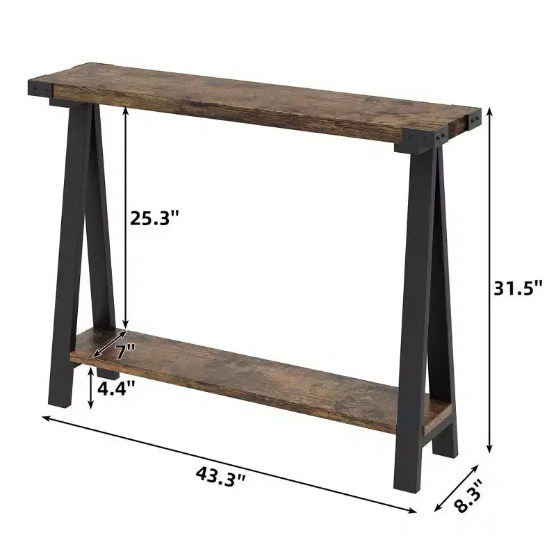 Console d'entrée fine à double niveau avec étagères de rangement, cadre en métal durable et pieds en V, adaptée aux salons, couloirs ou foyers.