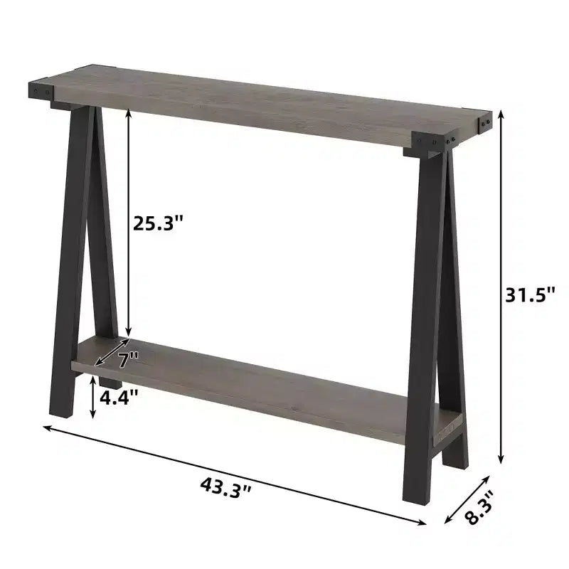 Console d'entrée fine à double niveau avec étagères de rangement, cadre en métal durable et pieds en V, adaptée aux salons, couloirs ou foyers.