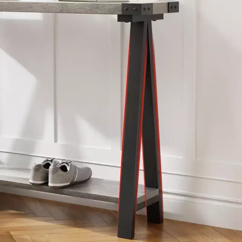 Console d'entrée fine à double niveau avec étagères de rangement, cadre en métal durable et pieds en V, adaptée aux salons, couloirs ou foyers.