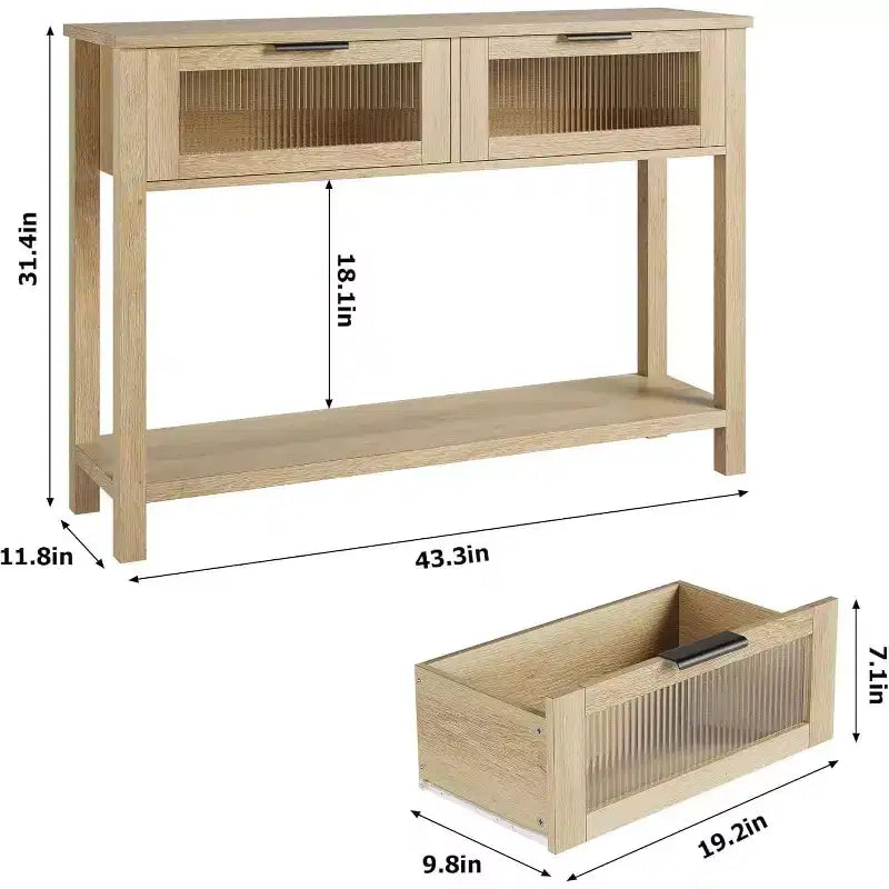 Console en bois pour entrée, table de canapé à 2 niveaux avec 2 tiroirs en verre et étagères ouvertes, idéale pour salon et hall, chêne