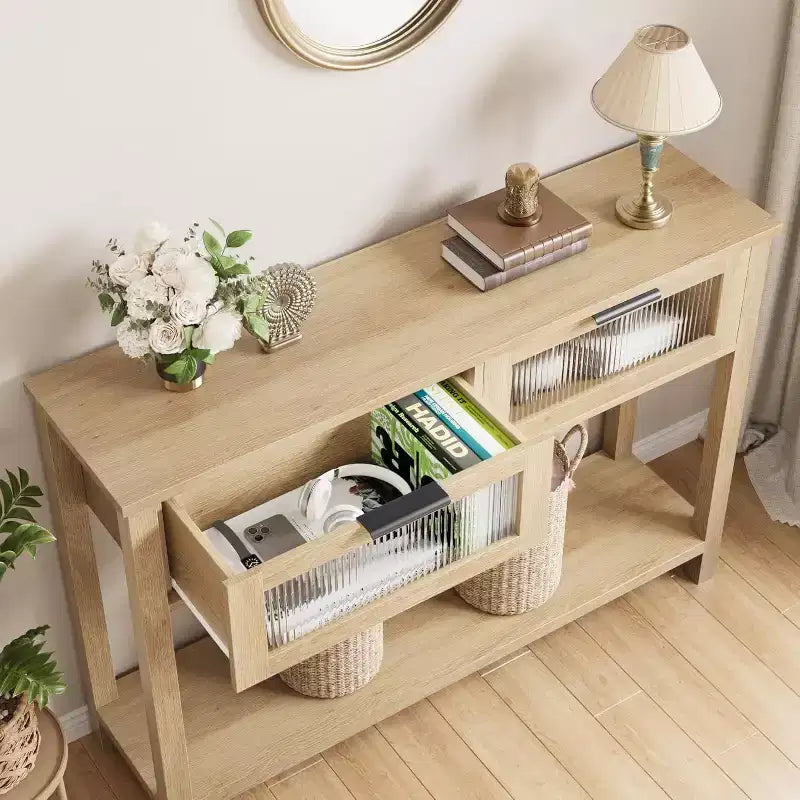 Console en bois pour entrée, table de canapé à 2 niveaux avec 2 tiroirs en verre et étagères ouvertes, idéale pour salon et hall, chêne
