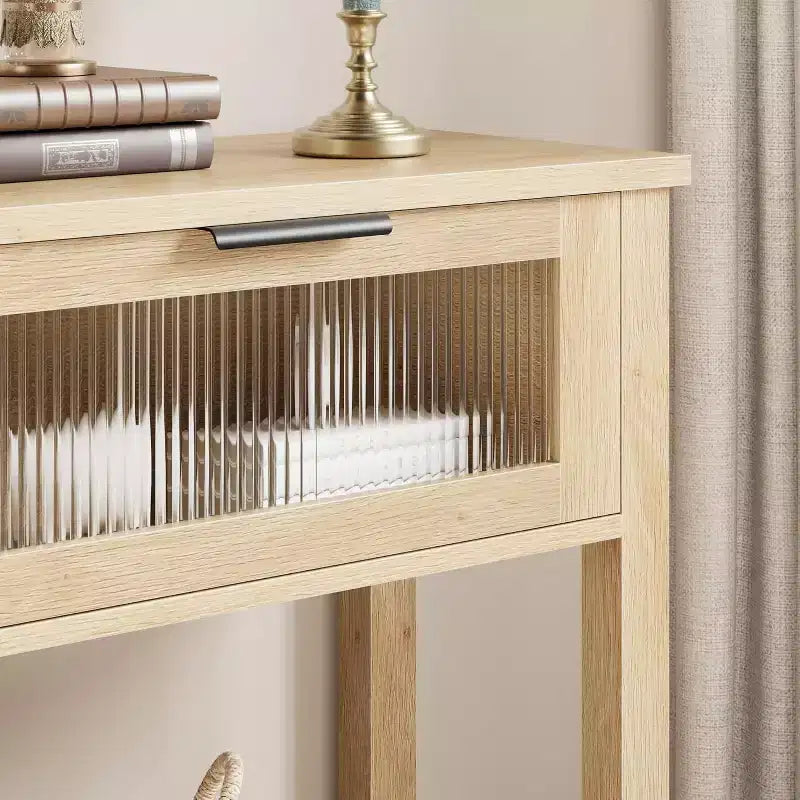 Console en bois pour entrée, table de canapé à 2 niveaux avec 2 tiroirs en verre et étagères ouvertes, idéale pour salon et hall, chêne