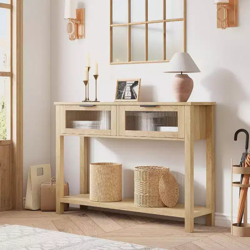 Console en bois pour entrée, table de canapé à 2 niveaux avec 2 tiroirs en verre et étagères ouvertes, idéale pour salon et hall, chêne