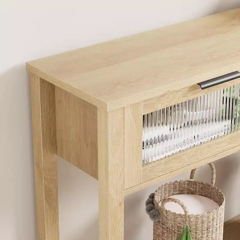 Console en bois pour entrée, table de canapé à 2 niveaux avec 2 tiroirs en verre et étagères ouvertes, idéale pour salon et hall, chêne