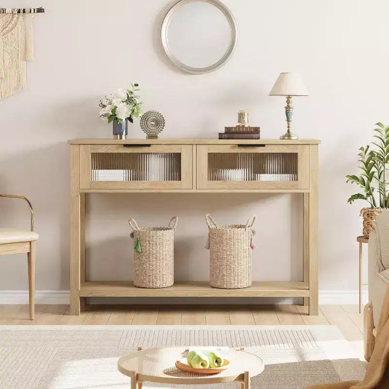 Console en bois pour entrée, table de canapé à 2 niveaux avec 2 tiroirs en verre et étagères ouvertes, idéale pour salon et hall, chêne