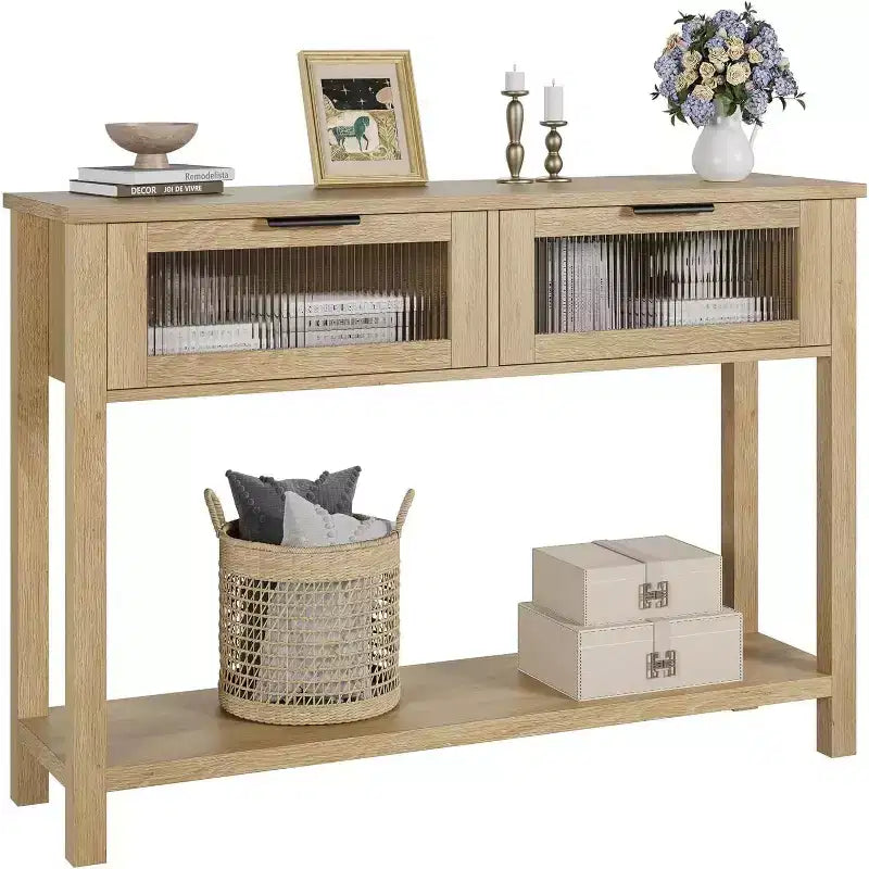 Console en bois pour entrée, table de canapé à 2 niveaux avec 2 tiroirs en verre et étagères ouvertes, idéale pour salon et hall, chêne