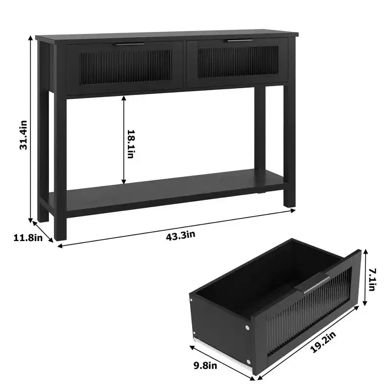 Console en bois pour entrée, table de canapé à 2 niveaux avec 2 tiroirs en verre et étagères ouvertes, idéale pour salon et hall, chêne