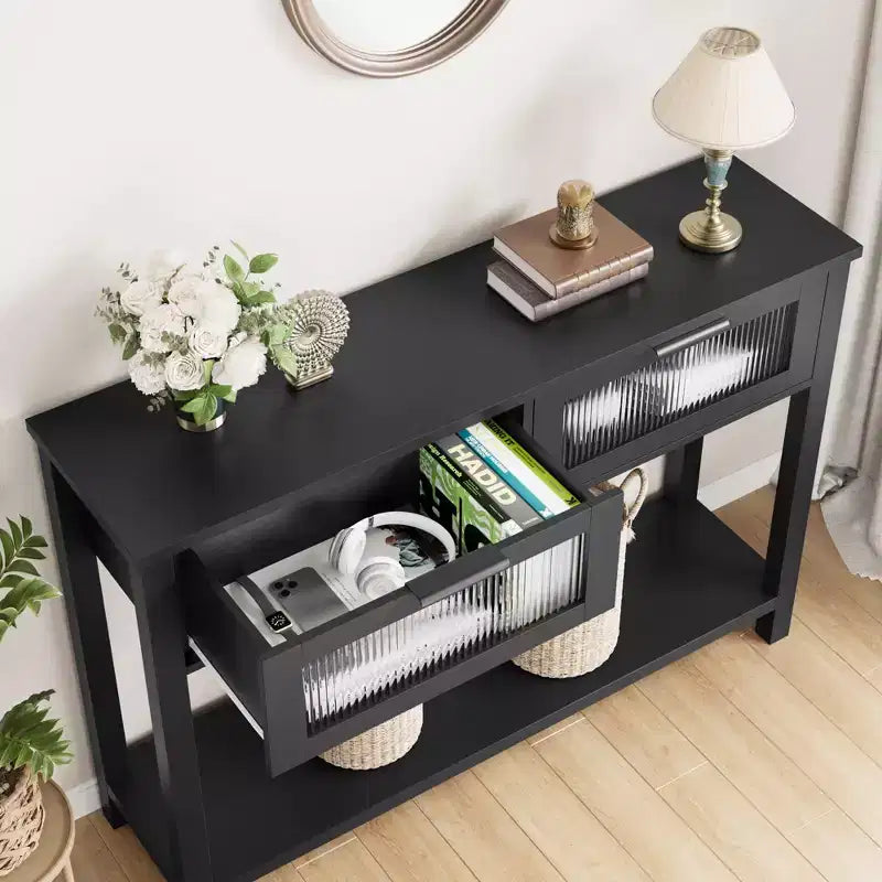 Console en bois pour entrée, table de canapé à 2 niveaux avec 2 tiroirs en verre et étagères ouvertes, idéale pour salon et hall, chêne