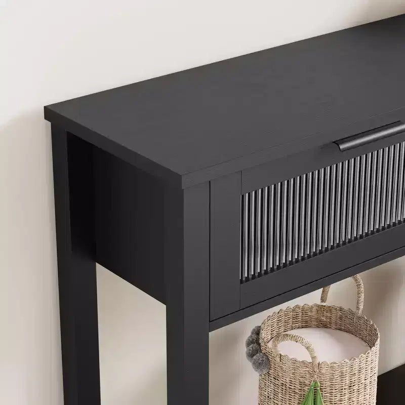 Console en bois pour entrée, table de canapé à 2 niveaux avec 2 tiroirs en verre et étagères ouvertes, idéale pour salon et hall, chêne
